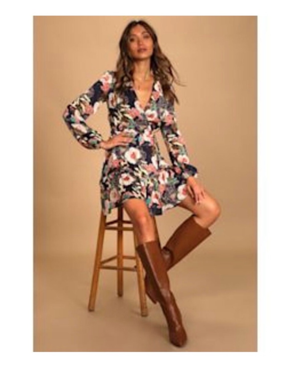 Lulu's Navy Floral Wrap Maxi Dress with Long Sleeves, size XL